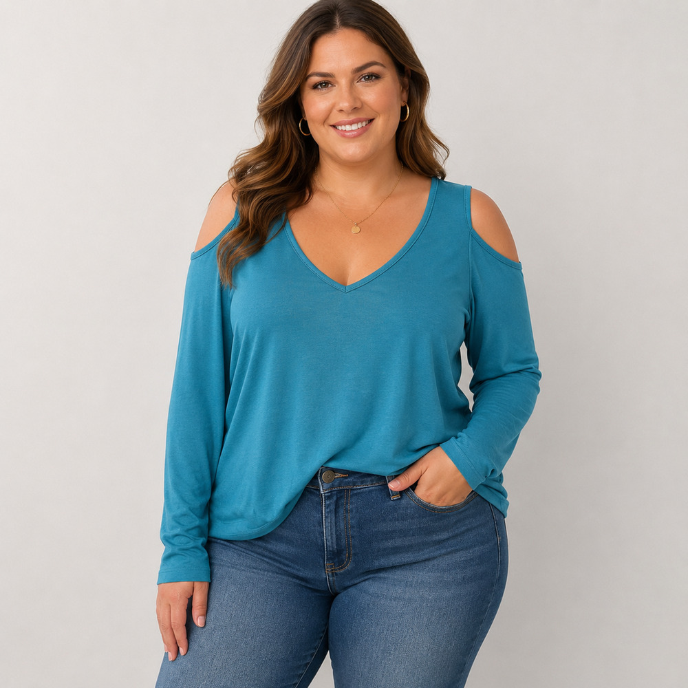 Rue 21 Cold Shoulder Top XL Teal V-Neck Long Sleeve Stretch NWT Women's